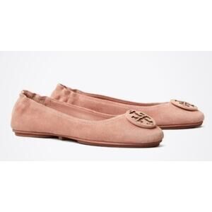 TORY BURCH New Minnie Travel Ballet Flats Malva Pink Suede Leather NIB